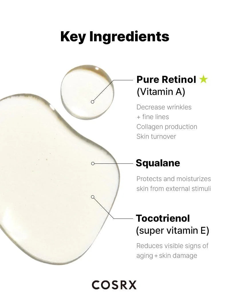 COSRX Retinol Serum 0.5% – Anti-aging serum with pure retinol, reduces wrinkles, improves elasticity, smooths texture, and hydrates skin. 20ml bottle with lightweight, quick-absorbing formula for advanced retinol users