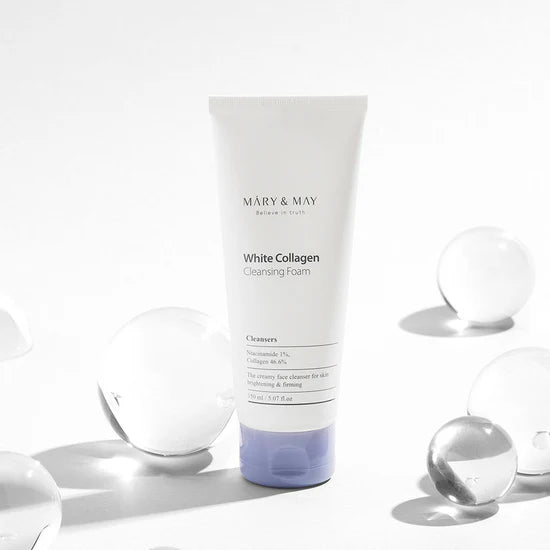 Mary & May White Collagen Cleansing Foam – A 150ml tube of creamy face cleanser enriched with 46.6% collagen and 1% niacinamide, designed to brighten skin, improve elasticity, and gently cleanse the face.