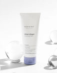Mary & May White Collagen Cleansing Foam – A 150ml tube of creamy face cleanser enriched with 46.6% collagen and 1% niacinamide, designed to brighten skin, improve elasticity, and gently cleanse the face.