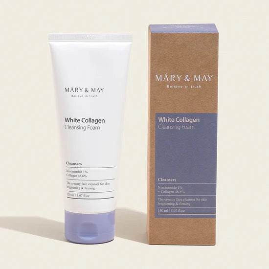 Mary & May White Collagen Cleansing Foam – A 150ml tube of creamy face cleanser enriched with 46.6% collagen and 1% niacinamide, designed to brighten skin, improve elasticity, and gently cleanse the face.