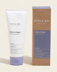 Mary & May White Collagen Cleansing Foam – A 150ml tube of creamy face cleanser enriched with 46.6% collagen and 1% niacinamide, designed to brighten skin, improve elasticity, and gently cleanse the face.