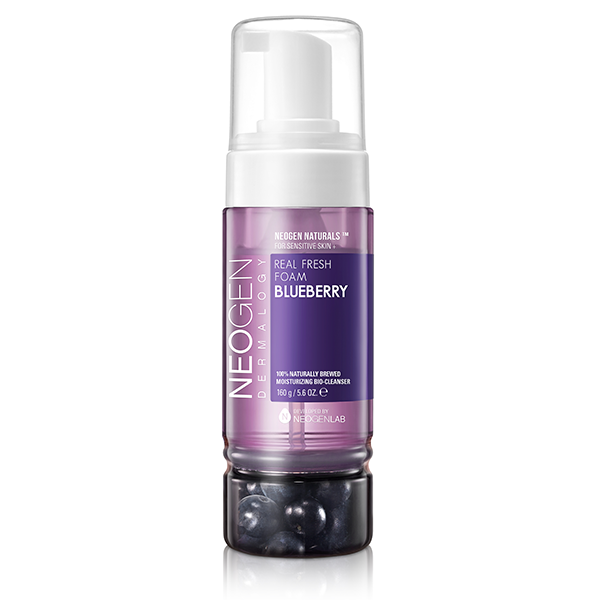 Neogen Dermalogy Real Fresh Foam Blueberry (150 ml) showing the sleek bottle with vibrant blueberry design, emphasizing its natural ingredients and gentle formula.