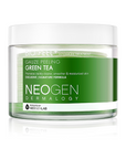Neogen Bio Peel Gauze Peeling Green Tea container with visible cotton gauze pads soaked in green tea extract, showcasing the product’s gentle exfoliating properties.