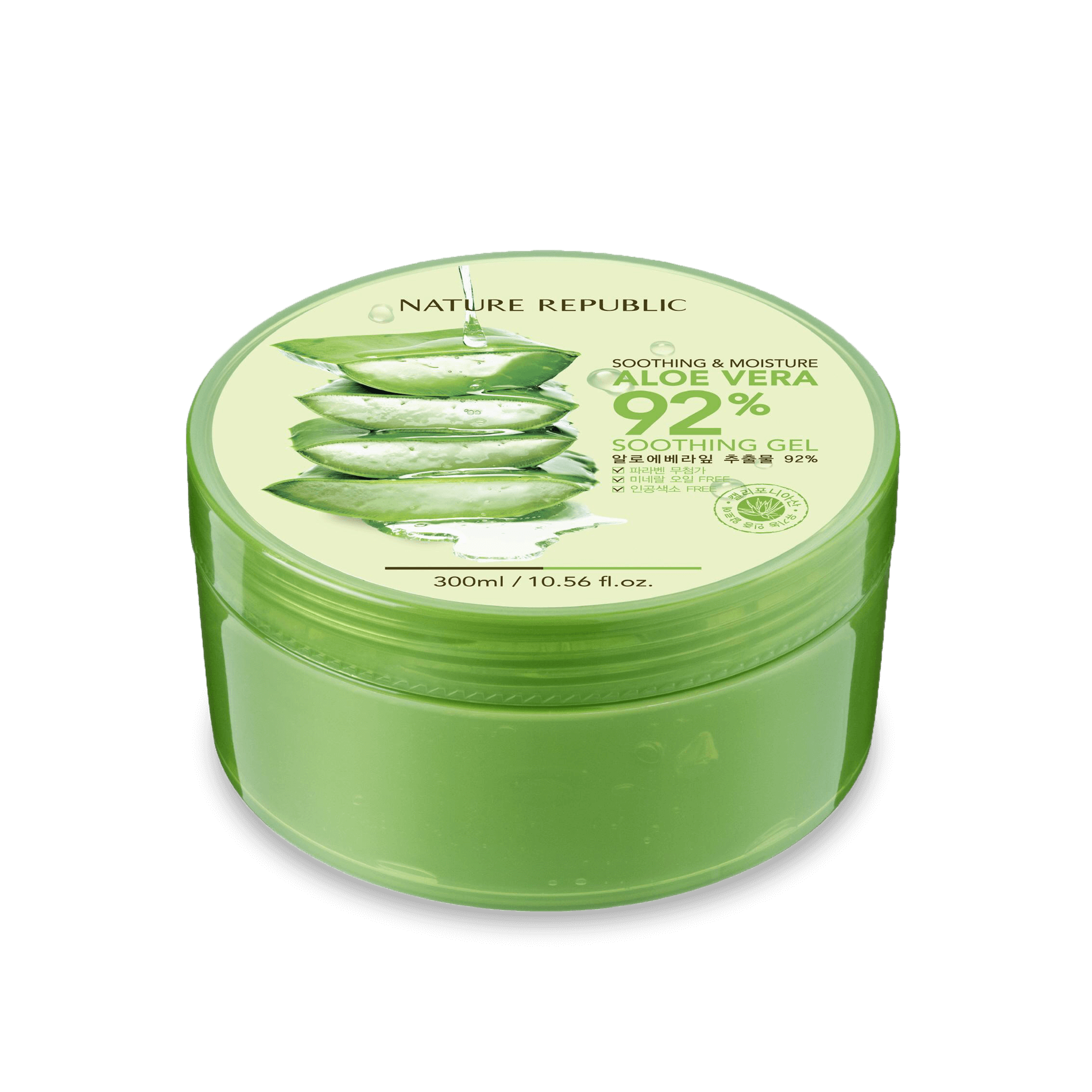 Nature Republic Soothing Moisture Aloe Vera 92% Soothing Gel in a 300 ml jar with clear packaging showcasing the aloe vera gel's soothing and moisturizing properties.