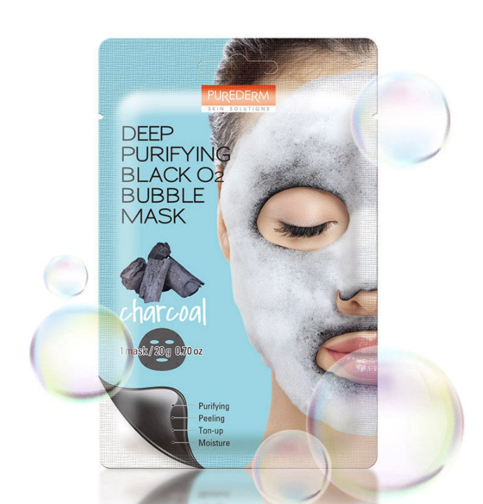Purederm Bubble Black Mask Charcoal, a sheet mask with volcanic powder and charcoal designed to deeply cleanse the skin, remove dirt and oil, and exfoliate with its fun bubbling effect.