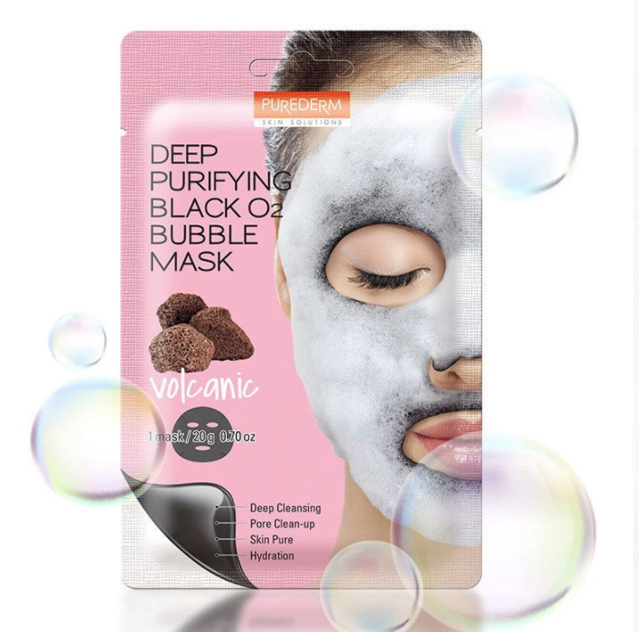 Purederm Bubble Black Mask (Volcanic) with a sheet mask packaging, featuring volcanic powder to cleanse and brighten the skin. Ideal for tightening pores and removing dead skin for smoother, brighter skin.