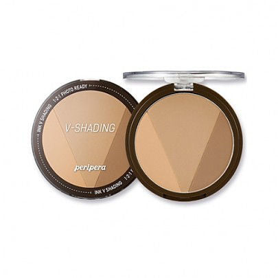 Peripera Ink V Shading contour powder in a compact size, designed for creating natural 3D shading on the face. Comes in three shades: Almond Brown 01, Cacao Brown 02, and Hazel Gray, providing a sculpted, soft, and smooth contour finish.