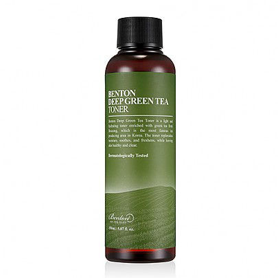 Benton Deep Green Tea Toner 150ml bottle, designed to hydrate, soothe, and balance sensitive and oily skin with a gentle cooling effect