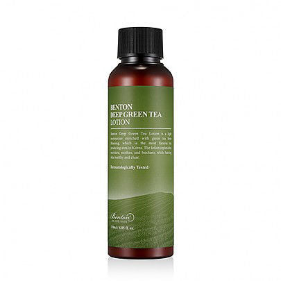 Benton Deep Green Tea Lotion 120ml bottle, lightweight moisturizing lotion for oily, sensitive, and combination skin. Formulated with green tea and botanical oils to hydrate and soothe the skin