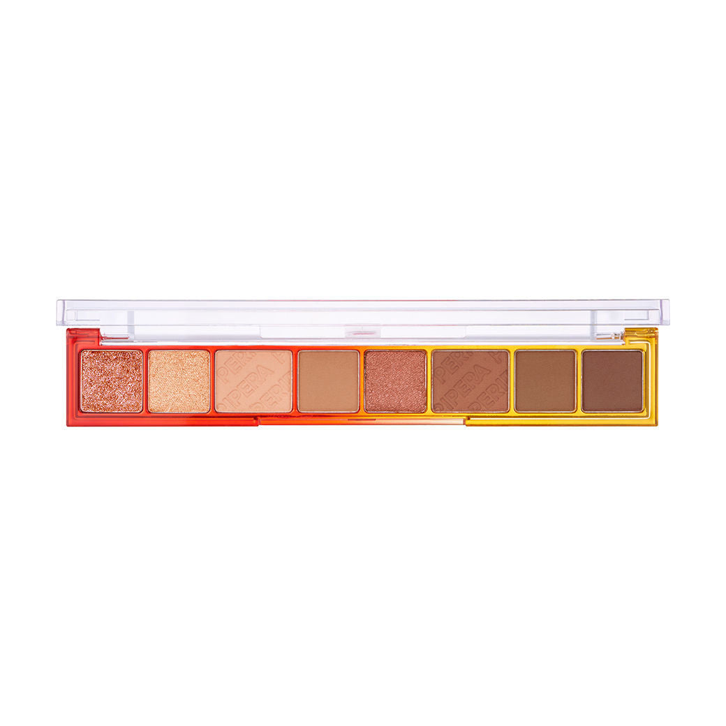 A compact Single File Eye Shadow Palette featuring 8 versatile shades in matte, pearl glitter, and shimmer finishes, perfect for creating a range of eye looks.