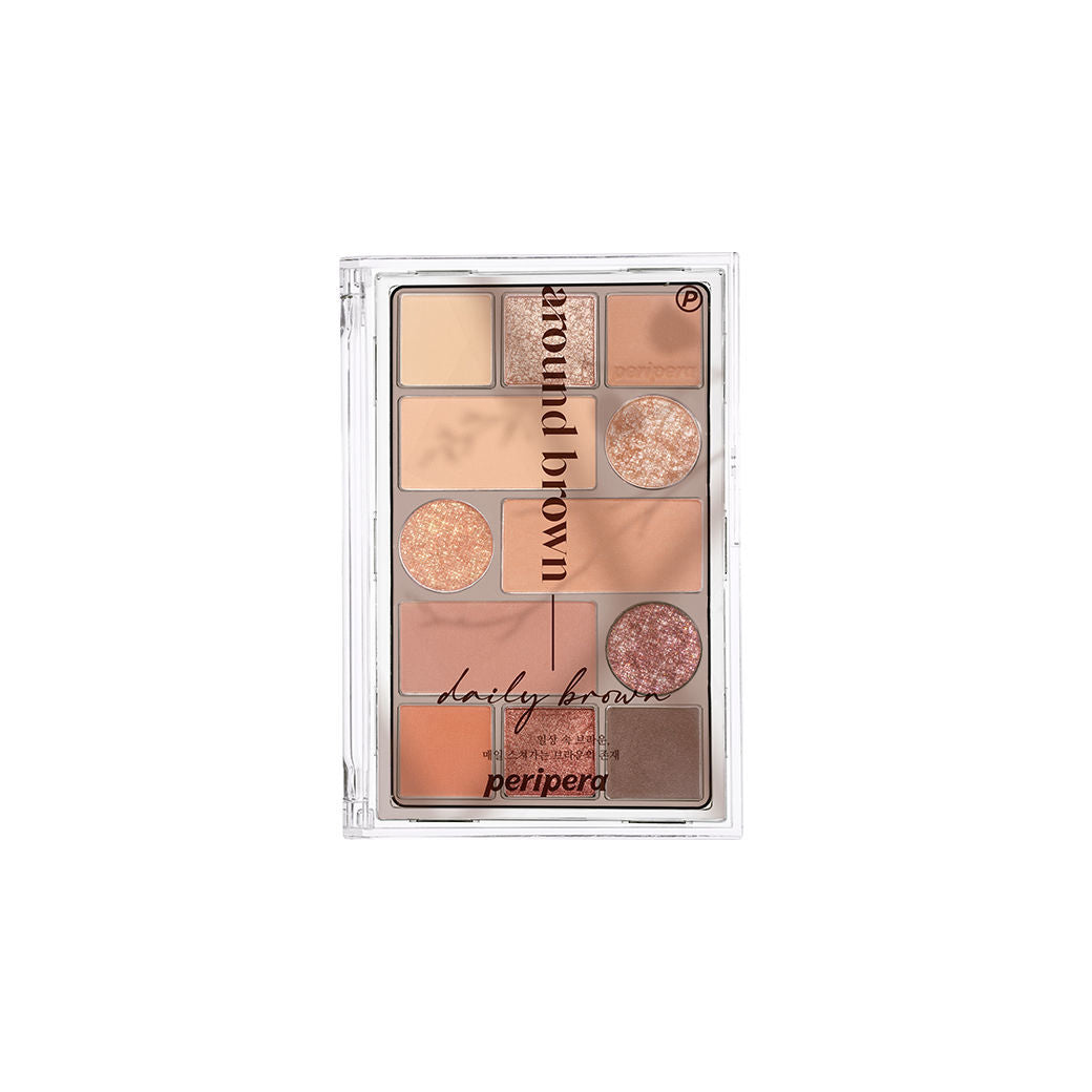 Peripera All Take Mood Technique Palette 01 Around Brown, featuring 9 neutral shades with golden shimmer to create versatile eye looks for both everyday and night-time wear.