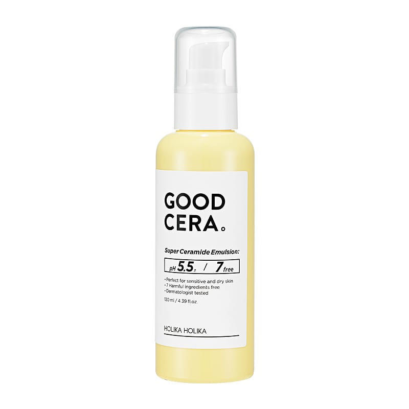 Holika Holika Good Cera Super Ceramide Emulsion, a gentle moisturizer with hyaluronic acid and ceramides to hydrate and protect sensitive skin