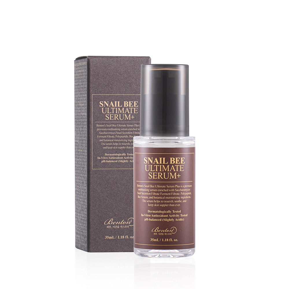 Benton Snail Bee Ultimate Serum Plus packaging – Free from artificial flavors, volatile alcohol, and PEG, featuring snail secretion and peptides for enhanced skin repair