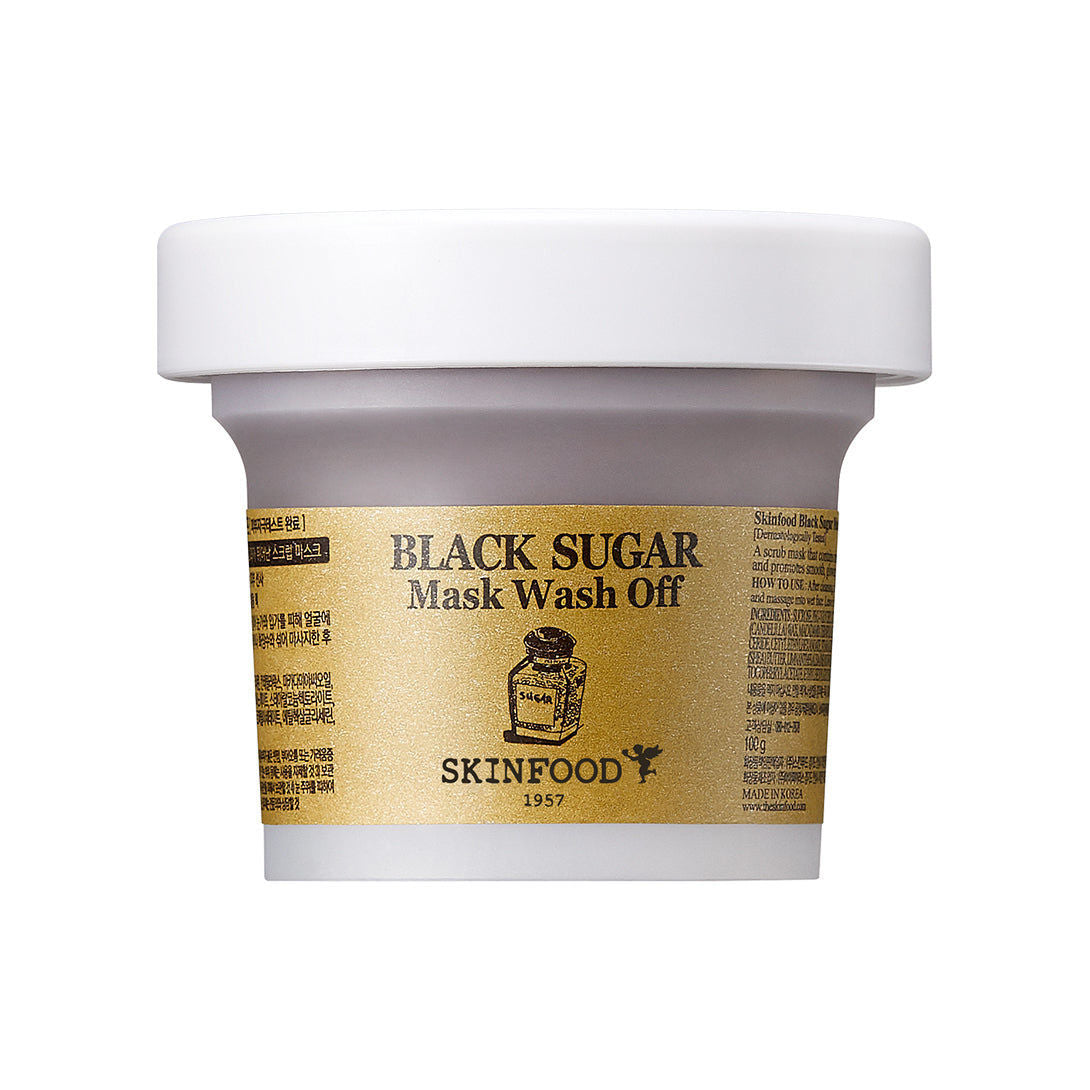 Skinfood Black Sugar Mask Wash Off – 120g exfoliating mask made with organic black sugar granules, Macadamia Seed Oil, and Shea Butter to hydrate, exfoliate, and smooth the skin.