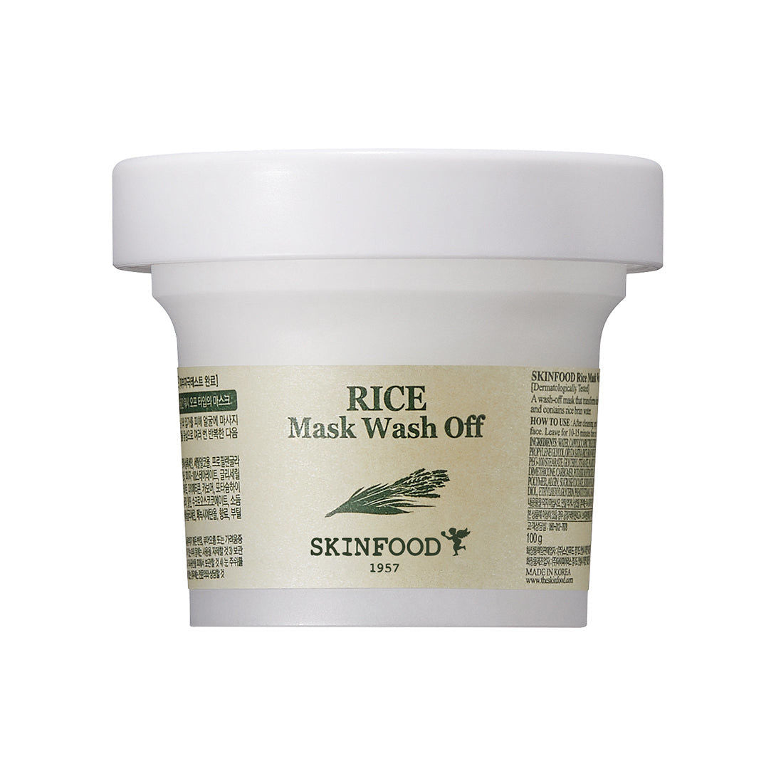 Skinfood Rice Mask Wash Off – 120g brightening and exfoliating mask with Rice Bran Water, Glycerin, and Vitamin E for smooth, radiant skin.