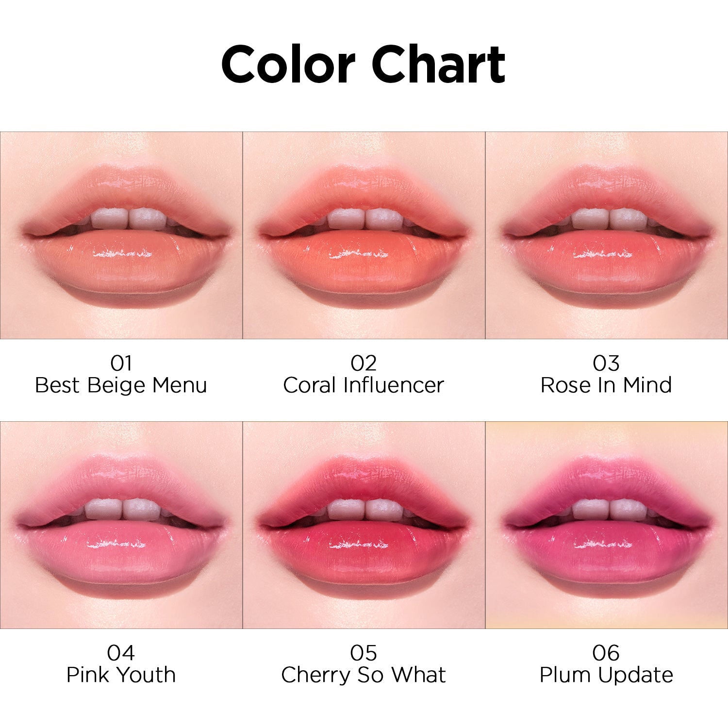 Close-up of the 6 shades of the Peripera Ink Mood Glowy Tint, showcasing vibrant, fresh tones: Best Beige Menu, Coral Influencer, Rose in Mind, Pink Youth, Cherry So What, and Plum Update.