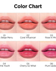 Close-up of the 6 shades of the Peripera Ink Mood Glowy Tint, showcasing vibrant, fresh tones: Best Beige Menu, Coral Influencer, Rose in Mind, Pink Youth, Cherry So What, and Plum Update.