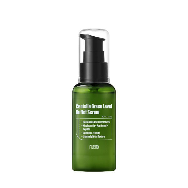 Purito Centella Green Level Buffet Serum, a 60ml serum packed with Centella Asiatica, Niacinamide, and Peptides to heal, brighten, and hydrate your skin while reducing wrinkles and improving skin texture.