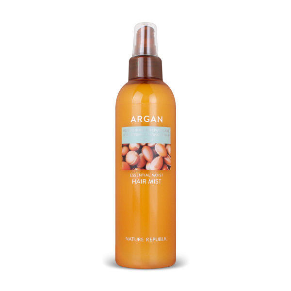 Nature Republic Argan Essential Moist Hair Mist bottle, featuring a sleek design with a spray nozzle for easy application, perfect for moisturizing dry hair