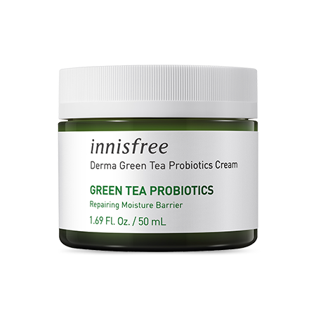 Innisfree Derma Green Tea Probiotics Cream – 50g jar with fermented green tea probiotics, nourishing and repairing the skin barrier for lasting hydration