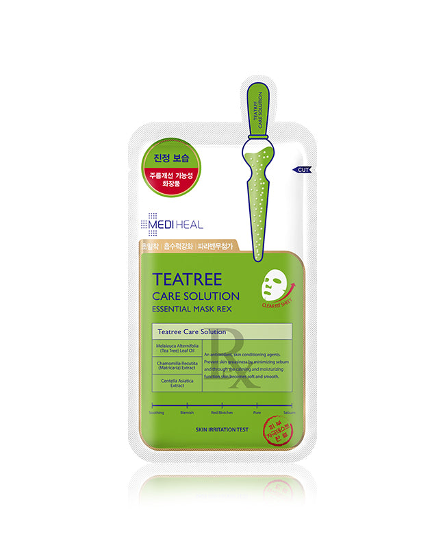 Mediheal Teatree Care Solution Essential Mask Ex – A soothing face mask designed for oily and sensitive skin, featuring tea tree oil, chamomile, and centella asiatica to balance oil and calm irritation.