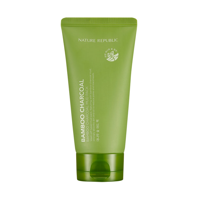 Nature Republic Bamboo Charcoal Mud Pack tube, featuring a sleek design with 150ml of purifying mud mask that detoxifies and balances the skin.
