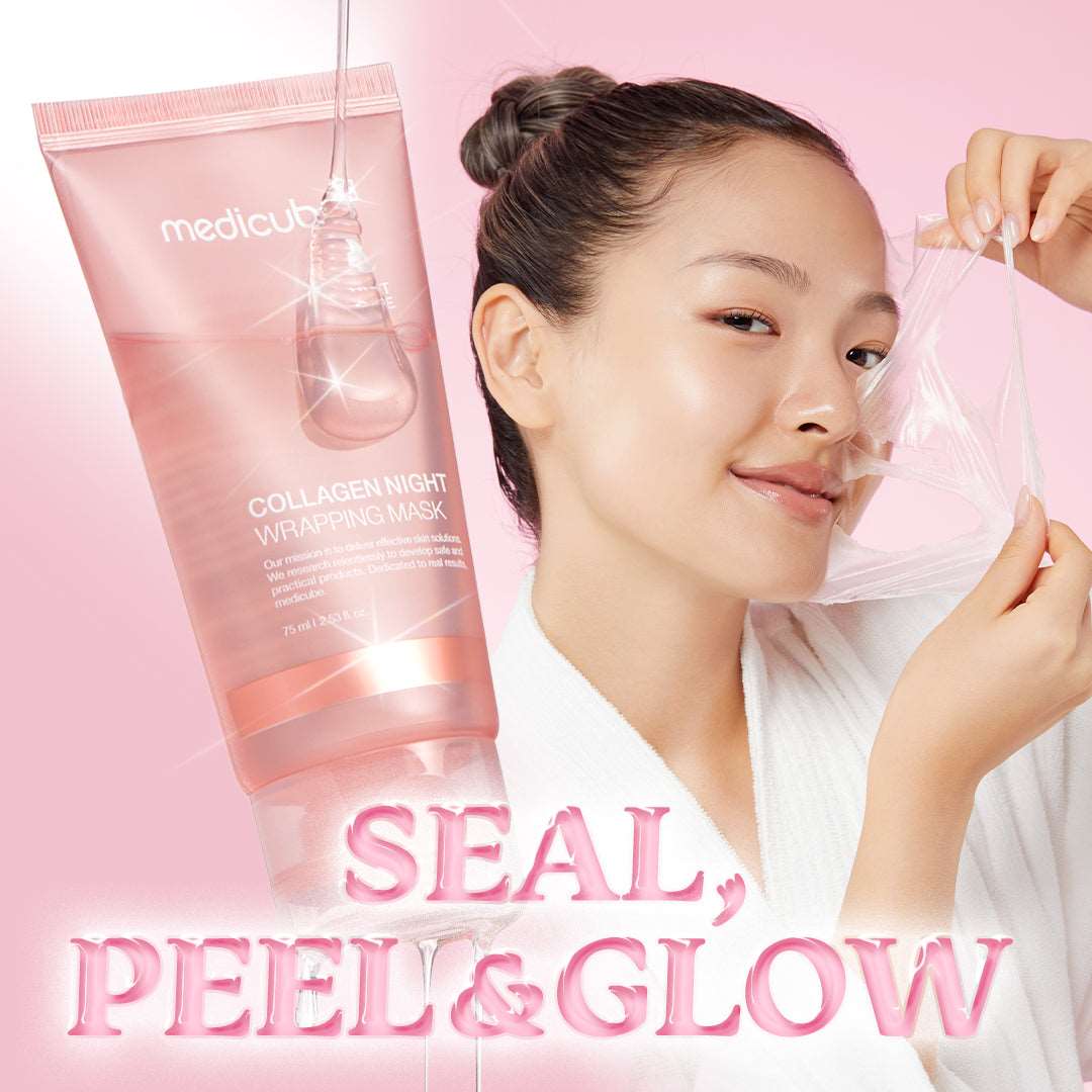 Demonstrating the application of Medicube Collagen Night Wrapping Mask – Even layer of the mask being spread over the face, avoiding eyes, lips, and hairline before leaving it on overnight.
