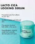 Unpa Lacto Cica Locking Serum Pads – A pack of serum-soaked pads designed to calm irritated skin, featuring Centella extracts, probiotics, and Tea Tree Oil for hydration and protection against redness.
