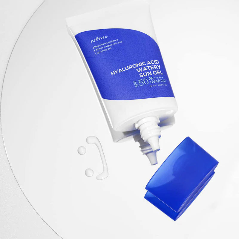 Isntree sunscreen products – includes Hyaluronic Acid Watery Sun Gel, offering SPF50+ and hydration for sensitive skin