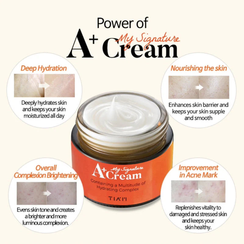 TIA'M My Signature A+ Cream – Before and after images showing how the cream brightens and evens out skin tone, helping to fade acne scars and leaving the skin more hydrated and glowing.
