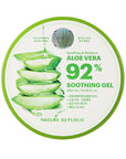 Nature Republic Soothing Moisture Aloe Vera 92% Soothing Gel in a 300 ml jar with clear packaging showcasing the aloe vera gel's soothing and moisturizing properties.
