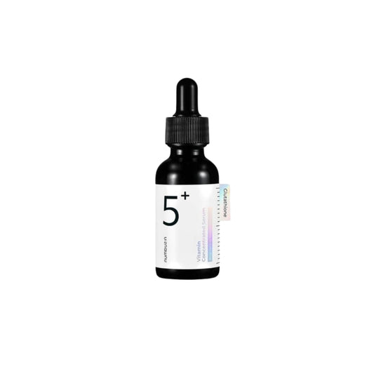 Numbuzin No.5 Vitamin Concentrated Serum (50 ml) bottle showcasing the formula with glutathione, vitamin C, and tranexamic acid to target pigmentation, dark spots, and uneven skin tone, providing a radiant, brightened complexion.
