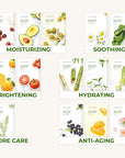 Nature Republic Real Nature Mask Sheet in a colorful pouch, showcasing five different variants: Acai Berry, Cucumber, Tomato, Aloe, and Shea Butter, each for skin care benefits.
