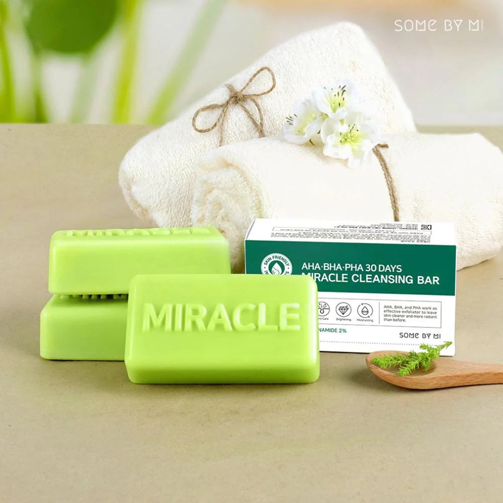 Some By Mi AHA BHA PHA 30 Days Miracle Cleansing Bar – Soap bar to cleanse, exfoliate, and treat acne with tea tree extract and gentle AHAs.

