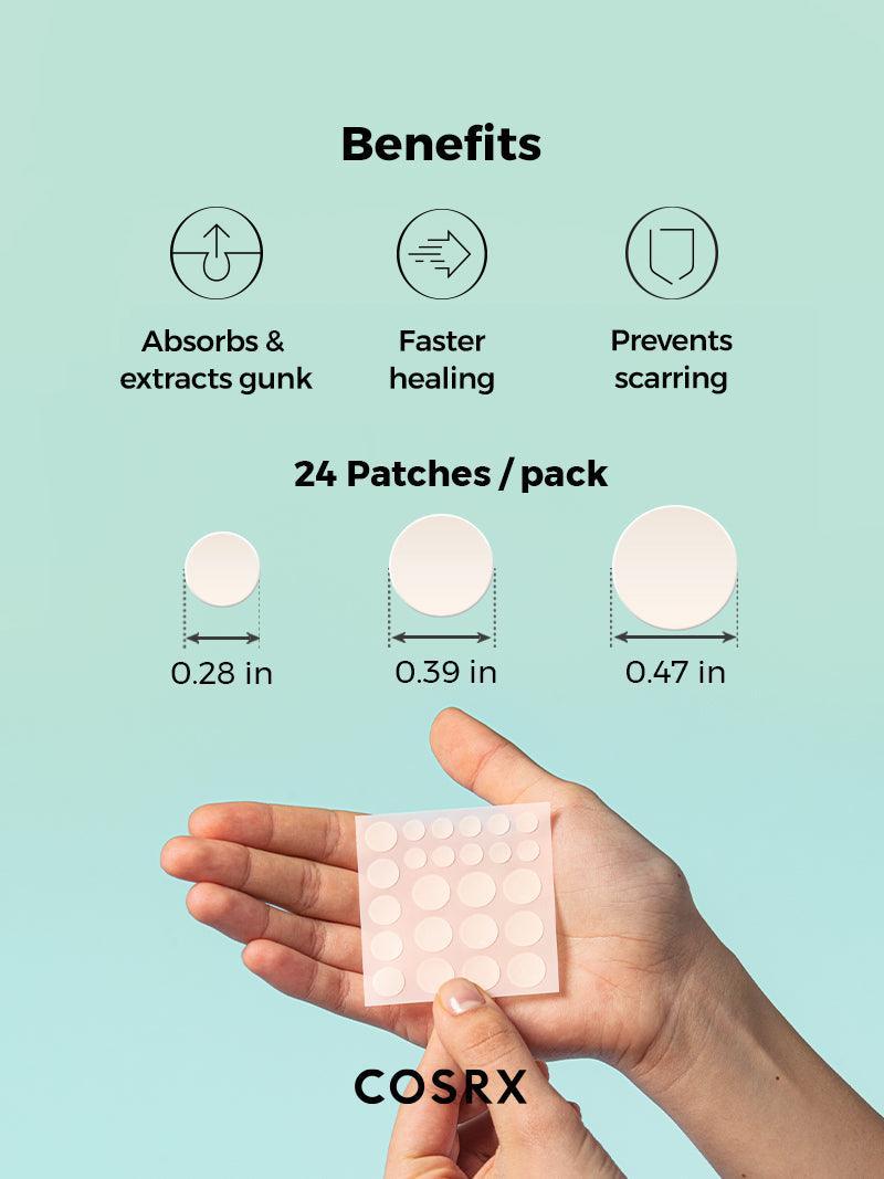 Close-up of Cosrx Acne Pimple Master Patch – Hydrocolloid patches that absorb excess fluid and impurities to promote faster healing and prevent scarring