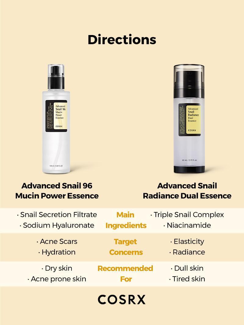 COSRX Advanced Snail Radiance Dual Essence – 2-in-1 essence with snail mucin and radiance-boosting ingredients for glowing, hydrated skin