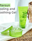 Nature Republic Soothing Moisture Aloe Vera 92% Soothing Gel in a 300 ml jar with clear packaging showcasing the aloe vera gel's soothing and moisturizing properties.
