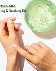 Person applying the Aloe Vera Soothing Gel to their arms or face, showing the smooth absorption and non-greasy feel of the product.
