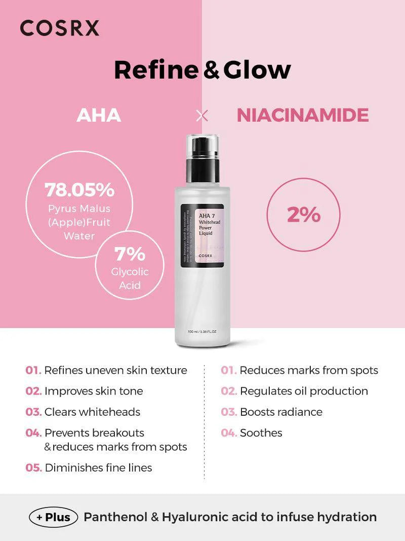 Cosrx AHA7 Whitehead Power Liquid – Formulated with 7% Glycolic Acid and Apple Fruit Water to exfoliate and clear whiteheads