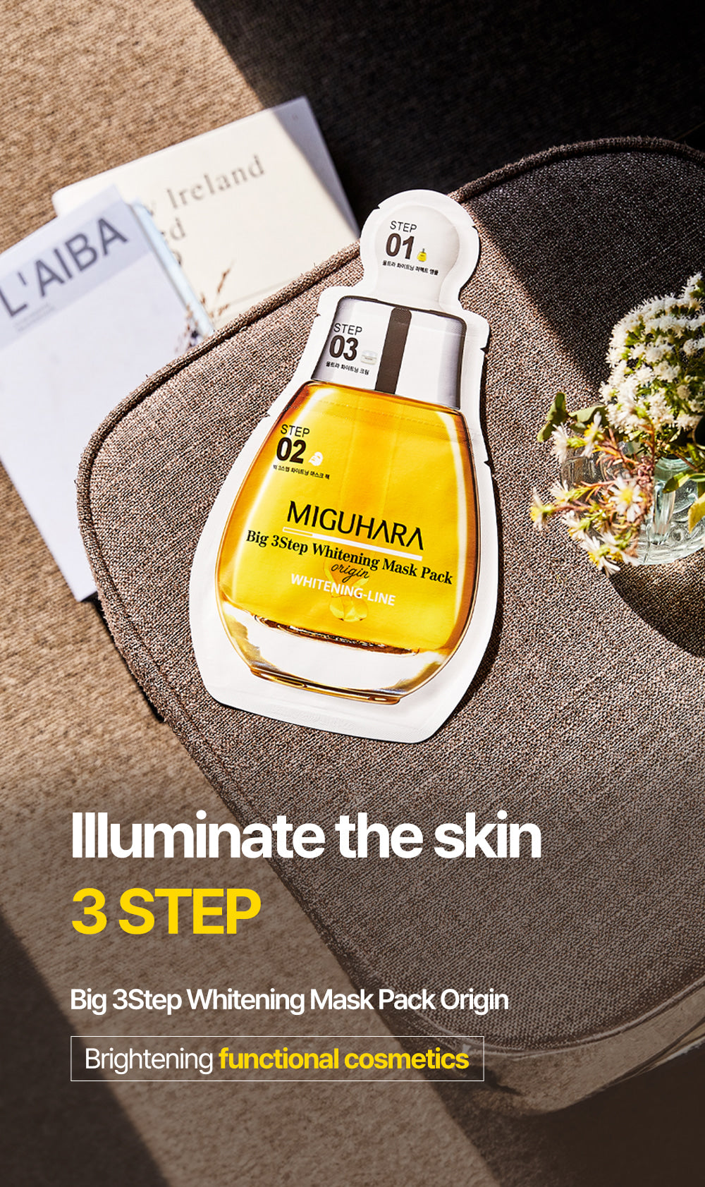 MIGUHARA 2 Step Whitening Mask Pack – A brightening and soothing mask containing niacinamide and chamomile extract to improve skin tone and hydrate the skin.

