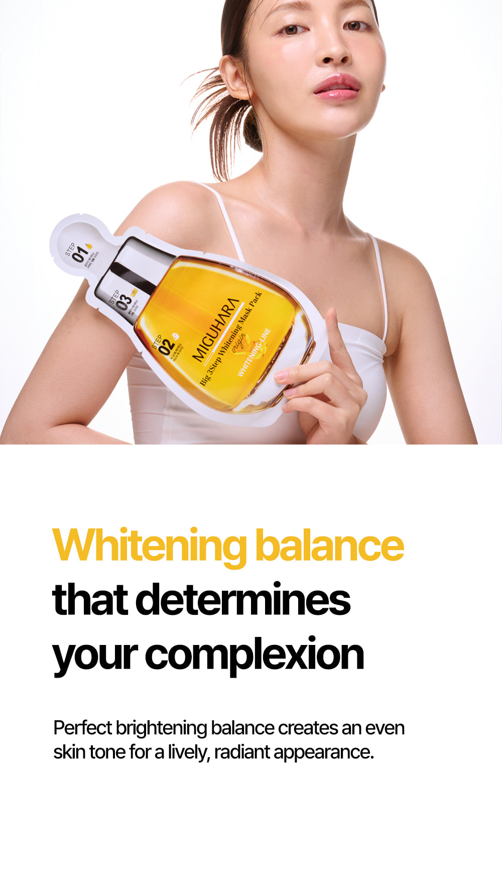 MIGUHARA 2 Step Whitening Mask Pack – A brightening and soothing mask containing niacinamide and chamomile extract to improve skin tone and hydrate the skin.
