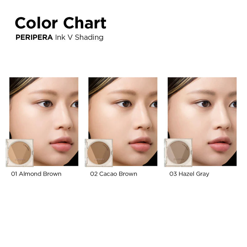 Swatches of the Peripera Ink V Shading powders in three shades: Almond Brown, Cacao Brown, and Hazel Gray. Each shade offers natural contouring that blends seamlessly for a sculpted, defined look.
