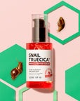 Some By Mi Snail Truecica Miracle Repair Serum – Highlighting key ingredients like snail secretion filtrate, niacinamide, and tea tree extract for healing, brightening, and soothing effects.
