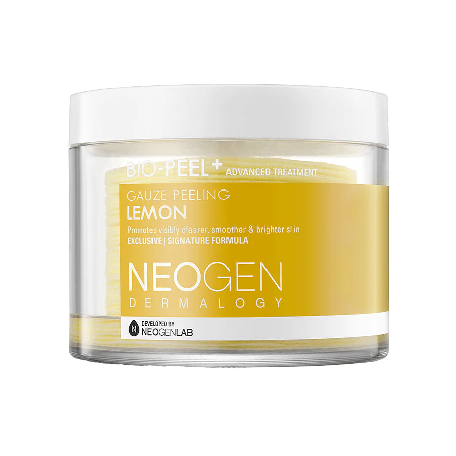 Neogen Bio Peel Gauze Peeling Lemon container showcasing the product with cotton gauze pads soaked in a vitamin-rich lemon serum, highlighting its exfoliating properties.
