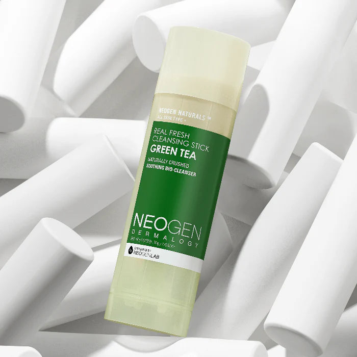 Neogen Dermalogy Real Fresh Cleansing Stick Green Tea (50 g) showing the convenient stick packaging with natural green tea leaves and a sleek, portable design.
