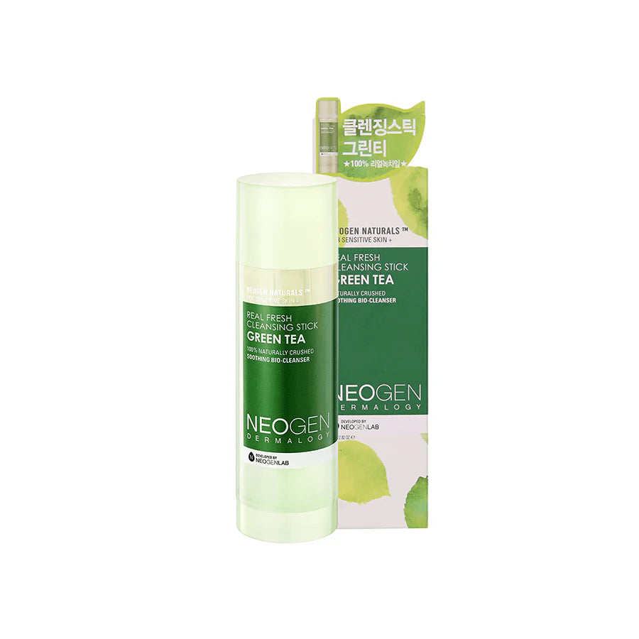 Neogen Dermalogy Real Fresh Cleansing Stick Green Tea (50 g) showing the convenient stick packaging with natural green tea leaves and a sleek, portable design.
