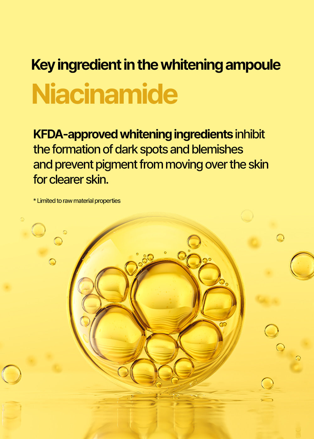 Close-up of key ingredients in MIGUHARA Ultra Whitening Ampoule Origin – Niacinamide for brightening, chamomile flower extract for hydration, and sodium hyaluronate for moisture retention.
