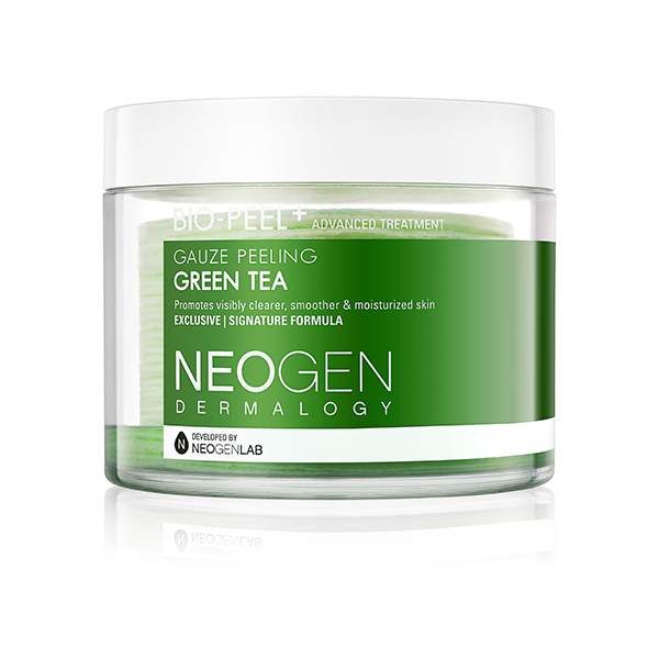 Neogen Bio Peel Gauze Peeling Green Tea container with visible cotton gauze pads soaked in green tea extract, showcasing the product’s gentle exfoliating properties.
