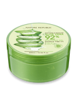 Nature Republic Soothing Moisture Aloe Vera 92% Soothing Gel in a 300 ml jar with clear packaging showcasing the aloe vera gel's soothing and moisturizing properties.
